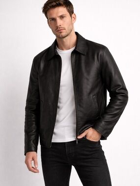 ZARA men’s 100% Leather Black Jacket Minimal Luxe Zip Moto Classic Pockets
